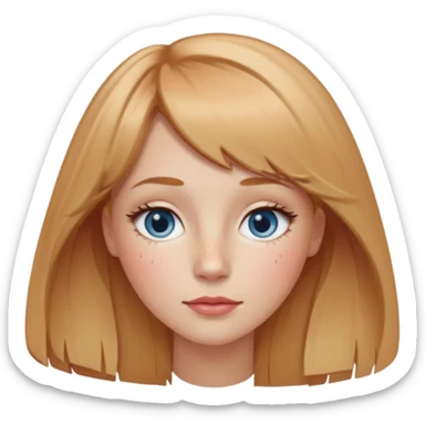 fair-skinned girl with oval face, freckles on nose and cheeks, long strawberry-blonde hair parted in center, wispy bangs, almond gray-blue eyes, sandy-blonde arched brows, straight nose, rose lips sticker