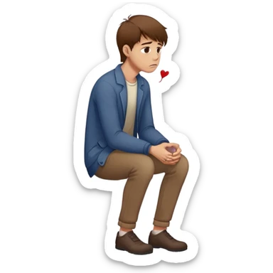 a man with brown hair staying in a
full height in profile with anxiety and begging face with a broken heart sticker