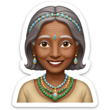 A old indian woman with a top saying "Wet queens meet and greet 2067" sticker