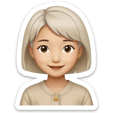 A young Asian girl with short hair, linen colored hair, a delicate outfit, smiling like a happy little dog sticker