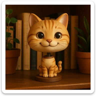 a smiling cat bobblehead with a big head and tiny body sticker