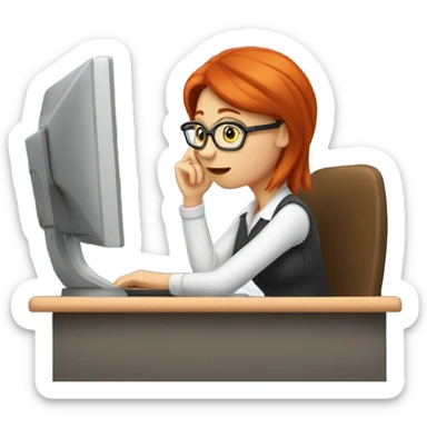 red hair woman nutritionist wearing glasses with hand on chin having an idea monitor desk sticker