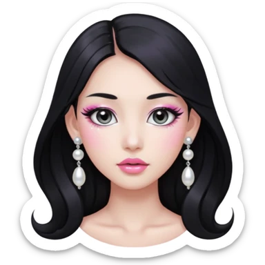 asian long black hair silver grey eyes glossy lips glittery white and pink eyeshadow girl pearl earrings sticker