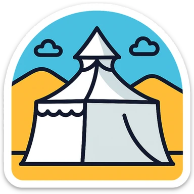 white pilgrim tent in Mina Saudi Arabia, Islamic Hajj theme, flat icon with subtle shading sticker