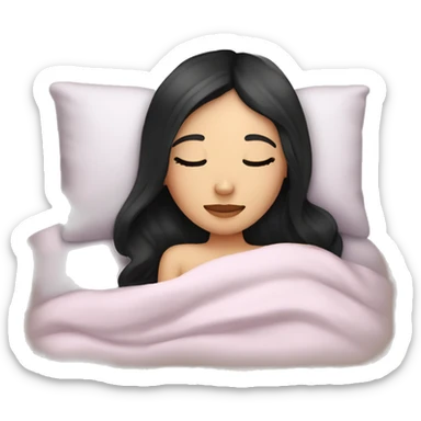 caucasian girl with black straight hair sleeping cozy in bed sticker