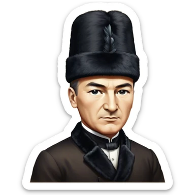 ​Cinematic Realistic Portrait of a Young Mustafa Kemal Atatürk, depicted wearing an iconic tall black fur hat along with traditional attire, his confident, visionary expression illuminated by warm, inspiring lighting, rendered with rich historical textures that capture his youthful dynamism and transformative leadership, sticker