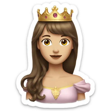 girl with long brown hair and bangs with a crown sticker