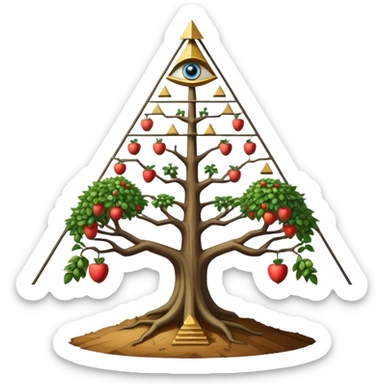 Annunaki tree from Garden of eden, that is actually a ancient tech antenna with illuminati all seeing eye in traingle symbol at the top and with little pyramids hanging like apples sticker