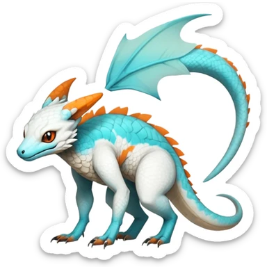 Rare realistic exotic cute white gloomy whitish and orange and cyan epic pretty beautiful handsome gorgeous aesthetic colorful vibrant Vernid-Trico-species-Fakemon-Salandit-hybrid-creature by LiLaiRa, 4 legs, 1 tail, random markings, (full body) sticker