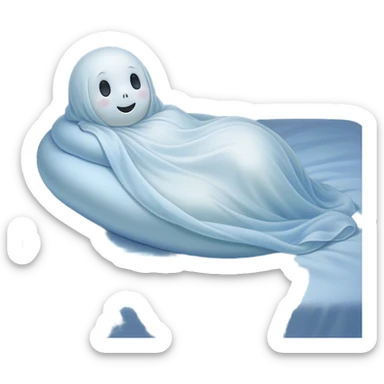 An adorable, peacefully floating sheet-like ghost in gentle pastel whites and blues, its soft, rounded form loosely draped, head resting with closed, serene sparkling eyes and a tiny, contented smile, simplified yet irresistibly charming, highly detailed, with a soft glowing outline that captures the essence of a sleepy, endearing spirit wrapped in cozy slumber! sticker