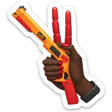 brown hand with red nails holding scary dark nerf gun sticker
