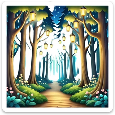 enchanted forest with tall trees and sparkling lights in a whimsical atmosphere sticker