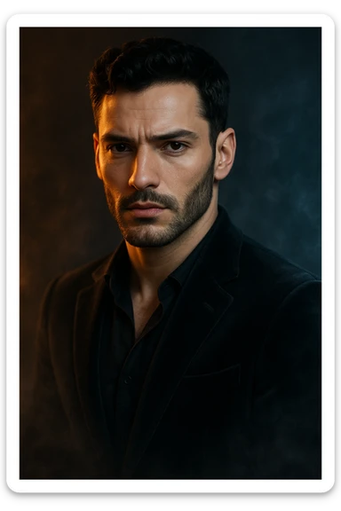 Usa questa immagine come riferimento per creare un ritratto iperrealistico e ravvicinato di un carismatico nodello maschile, ambientato in un contesto editoriale suggestivo. I volto è illuminato da fasci di luce ambrata e blU ghiaccio che contrastano tra loro, esaltando la simmetria marcata della mascella, la sottile barba incolta e uno sguardo penetrante e sicuro. I| modello indossa una giacca sartoriale scura in morbido velluto, leggermente sbottonata sul colletto. Lo sfondo sfuma in un profondo gradiente antracite con una delicata foschia cinematografica e sottili bagliori di luce. Un lieve velo di nebbia avvolge la sua silhouette, accentuando un'atmosfera sofisticata e misteriosa. L'effetto complessivo evoca un'eleganza di alta moda con un tocco moderno e malinconico, ideale per una campagna pubblicitaria di lusso o per la copertina di una prestigiosa rivista. sticker