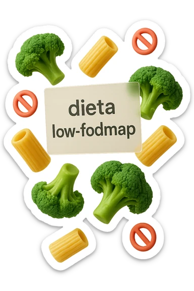 BROCCOLETTI E PENNE DI PASTA RIGATE FLUTTUANO IN ARIA insieme a piccoli divieti 3d, DAVANTI A LORO FLUTTUA UN FOGLIO CON LA SCRITTA "dieta low-fodmap" sticker