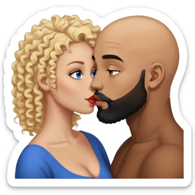 bald head man with brown eyes and black beard kissing African woman with blue eyes and curly blonde hair sticker