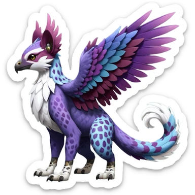Winged hyper-realistic Feral Rare realistic edgy burgundy-purple pretty beautiful handsome gorgeous aesthetic colorful vibrant Vernid-Trico-Silvally-Nargacuga-Gryphon-fusion-hybrid-species-Fakemon-creature by LiLaiRa, random markings, tufted ears, full body with snow-leopard-pattern-markings sticker