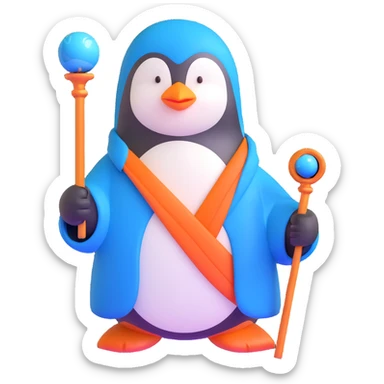 penguin wizard with a blue robe and magical staff sticker