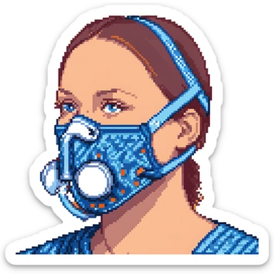 Pixelated blue VO2 max face mask with breathing tubes and valves, no person sticker