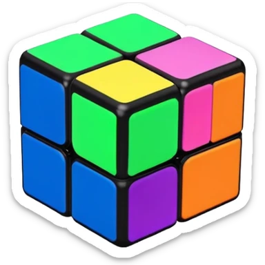 A 3x3 Rubik's Cube with fluorescent colors: glowing green, radiant pink, brilliant blue, luminous yellow, vivid orange, intense purple, minimalist iOS emoji style sticker