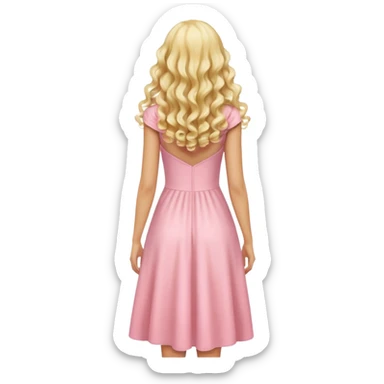 back view of person with long blonde curls wearing a pastel pink dress, iOS Apple emoji style sticker