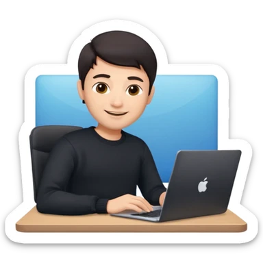 memoji of a man with a laptop, apple-style, modern, dark hair, black sweater, Indian fair skin, small cute smile, computer in hand, sitting at his desk, light blue gradient background sticker