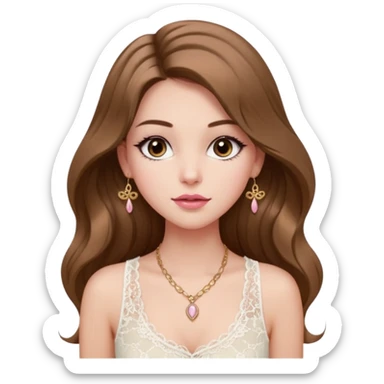 fair-skinned girl with dark brown, slim shaped eyes and long lashes. long, light brown hair styled in a voluminous, wavy blowout. wearing a delicate white lace tank top and a dainty gold necklace, plump pink lips. sticker