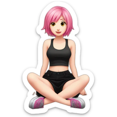 Full body Front view curvy emo girl pink hair sits on the floor straight view hands up black skirt полосатые рваные чулки sticker