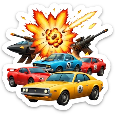 Icon for Action Movies Collage: Collage of iconic action movie elements, including explosions, a hero with weapons, a high-speed chase, and dramatic fight scenes. The design should be dynamic, colorful, and full of energy, capturing the essence of action films. Transparent background. sticker