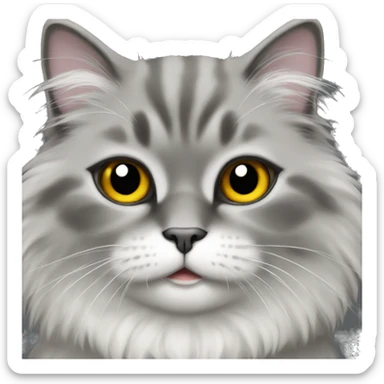 grey fluffy cat, white belly, black feet sticker