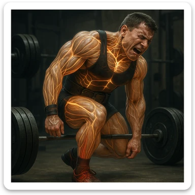 Powerlifter in competition clothing, muscles and nerves highlighted with glow effect, reddened and partially injured Achilles tendon, expression of pain, anatomical details, gym background sticker