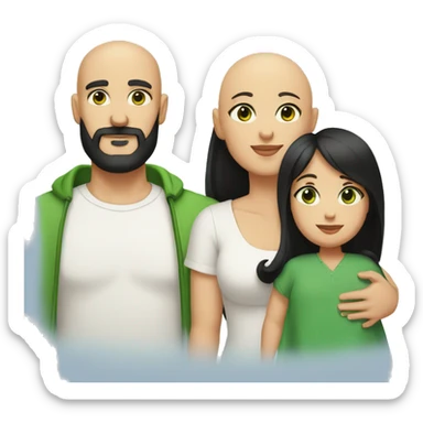 bald tan dad with black beard, white skin mom with long straight black hair and green eyes, and small baby with black hair sticker