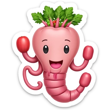cartoon intestines with fruit and vegetables inside, emoji style sticker