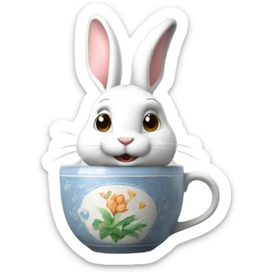 A cute white rabbit sits drinking tea from a beautiful ceramic mug. sticker