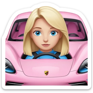Blonde girl with blue eyes sitting infront of a pink porsche taycan sticker