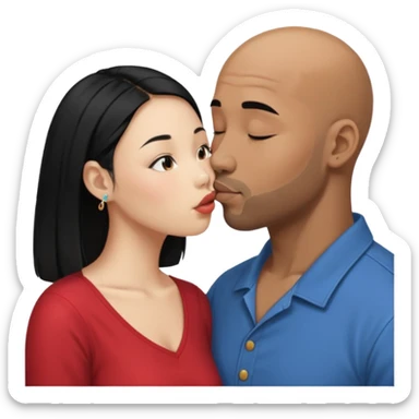 Bald black man with short beard deeply kissing each other. She is a short younger looking asain women. She has long black hair and a nose ring sticker