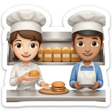 A 3D cartoon deli worker wearing an apron and hat, serving a customer at the counter, friendly smile, Memoji-style. sticker