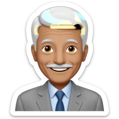 70 yr old man, very short & thin white hair, pakistani, light grey business suit, big smile, dark skin, no facial hair
 sticker