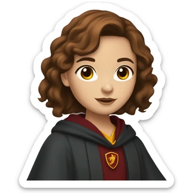 girl with brown hair past her shoulders with blueish grayish eyes wearing a gryffindor robe sticker