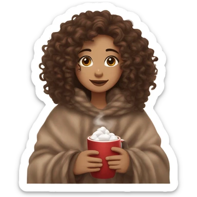 Light skin girl with brown curly hair under our blanket,make her look like a young  make it so you can see the curly hairsipping hot cocoa with marshmallows, cuddled around the blanket, long curly hair, long, medium lashes sticker