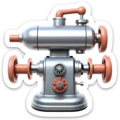 sausage-processing droid. retro-futuristic style. top is a circular industrial meat grinder with rotating gears and blades. Two robotic arms feed material into grinder. Sausage links extrude from the rear like  factory. The body is metallic, compact, and floats above the ground.no legs. Dark humor sticker