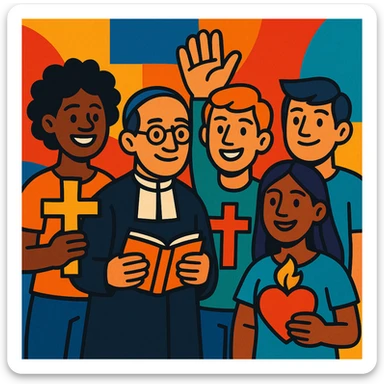 group of diverse young people with Christian symbols, one figure resembling Hno. Gabriel Taborin, colorful and hopeful, Christian vocational animation sticker