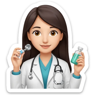 Emoji of a girl named Hiba, a pharmacist. She wears a white coat, has long straight dark brown hair, brown eyes, and a friendly smile. Add small pharmacy details like pills or a stethoscope sticker