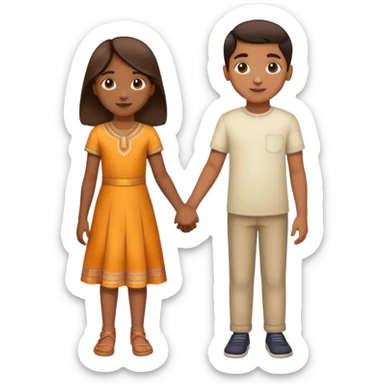 boy and girl holding hands, both Indian, boy with lighter brown skin, girl with medium brown skin, both around age 5-6 sticker