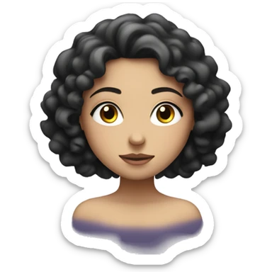white girl with long and black curly hair with stars around and meditating with eyes closed sticker