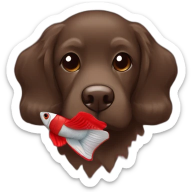 Chocolate brown colored doodle with a red and black flannel hankerchief holding a plush trout fish chew toy sticker