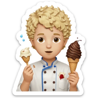 boy blonde curly hair, chef, eating chocolate ice cream sticker