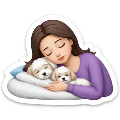 brunette woman with light skin sleeping with white maltese sticker