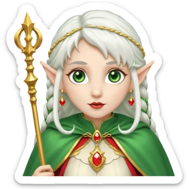 an elf with very white hair and two long pigtails on the side of her head, she has a curtain bang, green eyes, she has a white cape with golden borders and a scepter with a red orb, she has earrings that look like red drops sticker