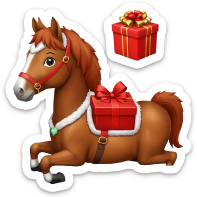 a christmas horse with a red saddle, which has a red gift box with a white bow on the saddle sticker