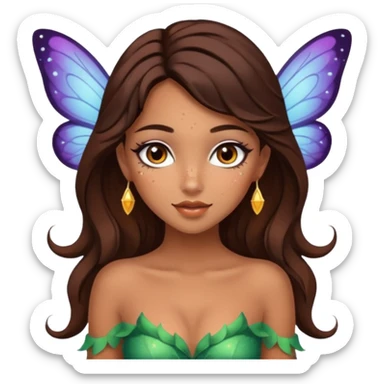 Pretty girl with caramel skin. Dark brown hair and brown eyes. She has freckles. Wearing sexy makeup. Wearing a fairy costume. wearing heels sticker